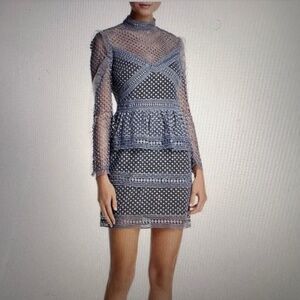 Aqua Light Blue Crochet Lace High Neck Long Sleeve Mini Dress Size Small